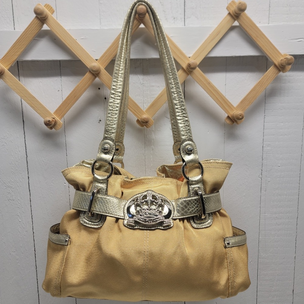 Kathy Van Zeeland Studded Bag Y2K Yellow Crown Bling Alligator Faux Leather Euc